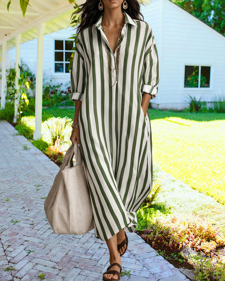 Women's casual striped loose-fit maxi shirt dress with long sleeves & button front, perfect for everyday wear.
