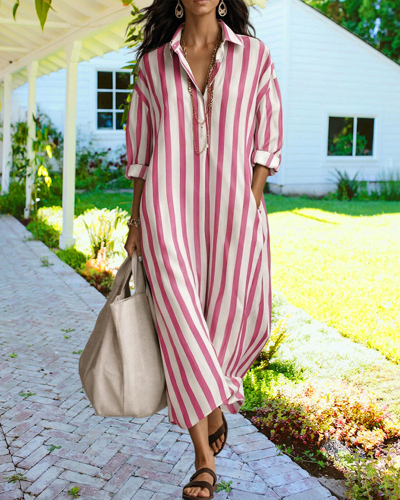 Elegant women's striped long shirt dress, a comfortable loose-fit maxi with button details, great for resort wear.