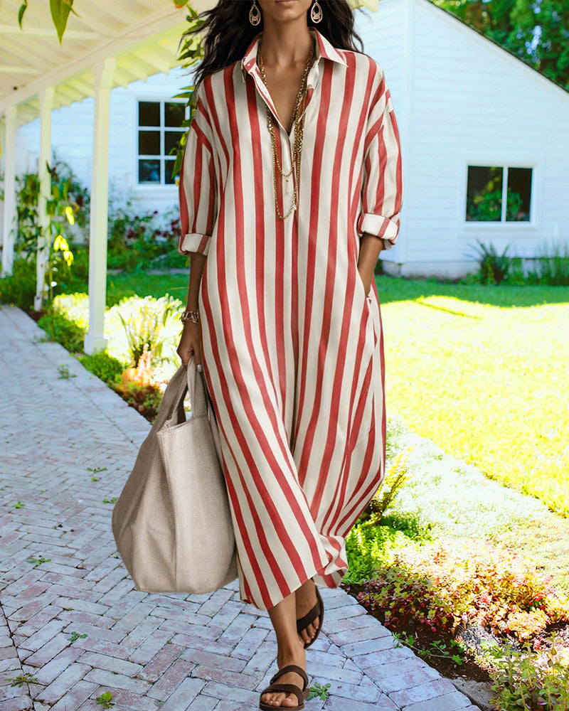 Stylish women's striped long-sleeve shirt dress, a casual loose-fit maxi, ideal for versatile everyday fashion.