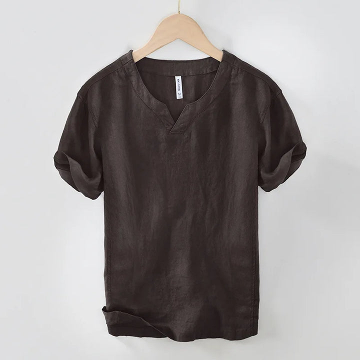 Stylish men's V-neck Henley t-shirt with short sleeves & a relaxed fit. Great for smart casual summer looks.