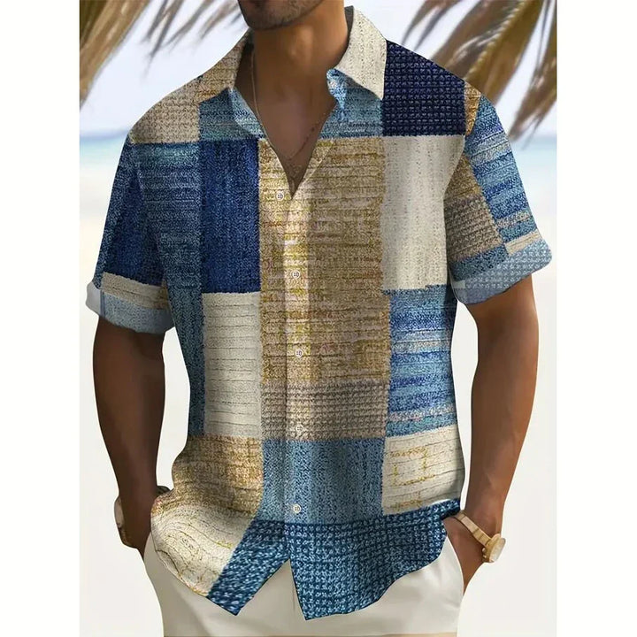 Stylish men's vintage patchwork shirt, relaxed fit, short sleeve. Perfect for summer, beach, or vacation outfits.