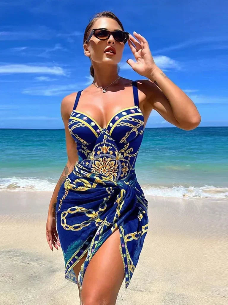 Chic women's strappy floral push-up bikini swimsuit. Luxury two-piece swimwear for resort vacation.