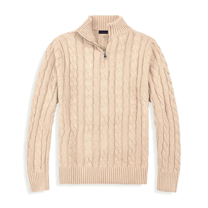 Men's versatile cable knit quarter-zip sweater, a comfortable and sophisticated choice for autumn and winter.