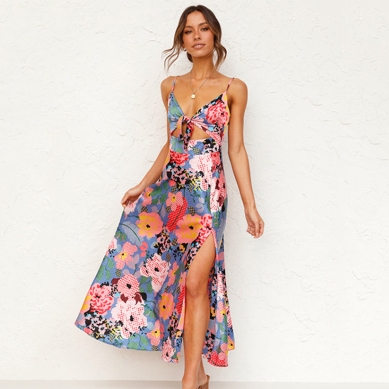 Stylish strappy A-line women's maxi dress with a vibrant print, ideal for elegant summer parties & special occasions.
