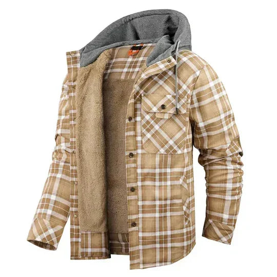 Detail view of men's rugged plaid hooded shacket fabric & buttoned chest pockets. Quality shirt jacket.