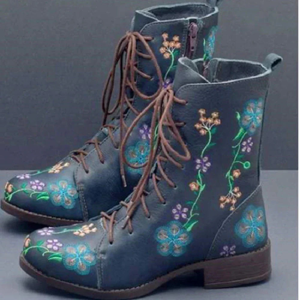 Retro women's ankle boots with vibrant ethnic embroidery, comfortable & stylish for everyday fall & winter outfits.