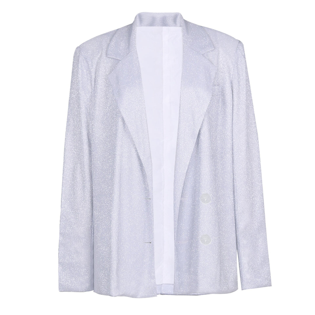 Shimmering women's glitter co-ord set featuring an oversized blazer and matching wide-leg trousers for a night out.
