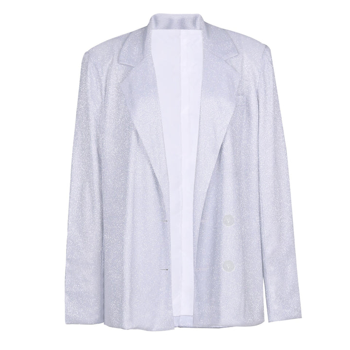 Shimmering women's glitter co-ord set featuring an oversized blazer and matching wide-leg trousers for a night out.