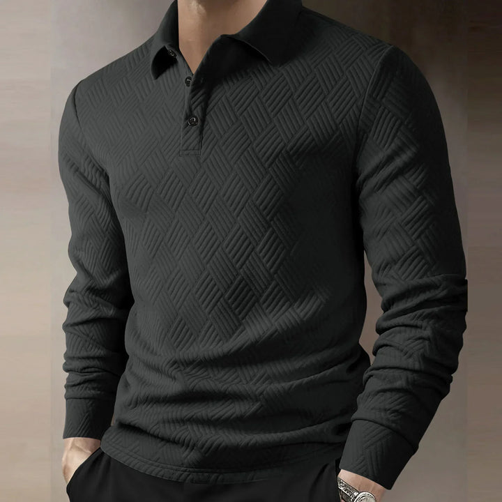 Everyday wear men's long sleeve polo shirt, offering a sophisticated textured knit for a sharp casual outfit.