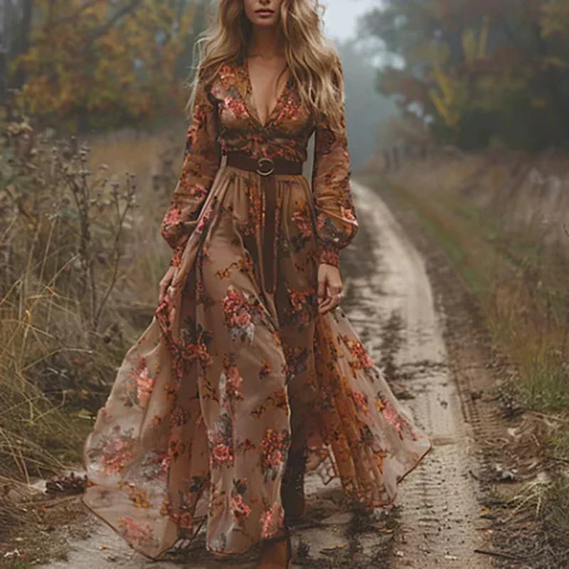 Versatile women's boho maxi dress with V-neck & long sleeves, styled for elegant occasion wear or casual bohemian chic.