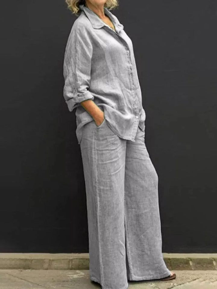 Complete women's comfortable two-piece outfit set, a stylish matching top and pants for casual fashion.