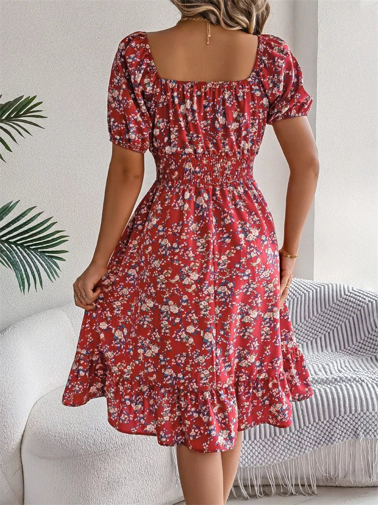 Chic women's midi dress: floral print, smocked bodice, puff sleeves, square neck. Autumn fashion.