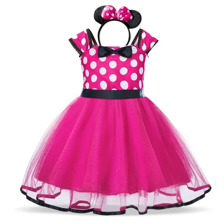 Disney-inspired Minnie Mouse polkadot dress & ear headband, perfect for girls' fantasy role play.
