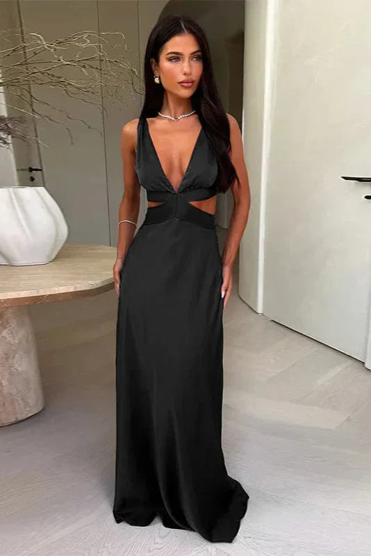Versatile yellow or black deep V-neck sleeveless maxi dress, ideal for summer, beach, travel, or elegant casual.