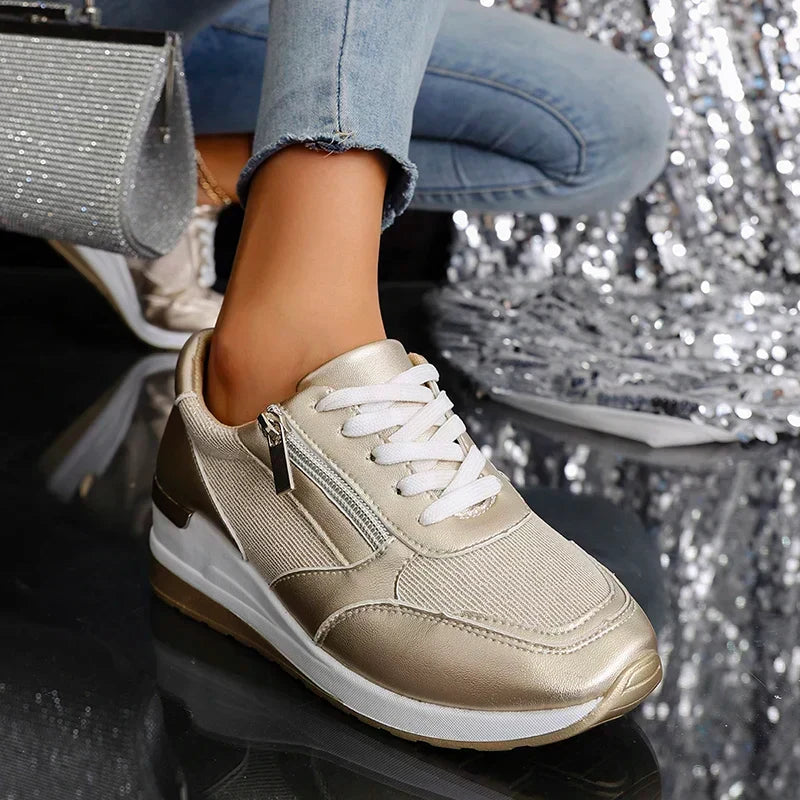 Casual fashion platform sneakers for women, combining orthopaedic comfort with a sleek metallic look.
