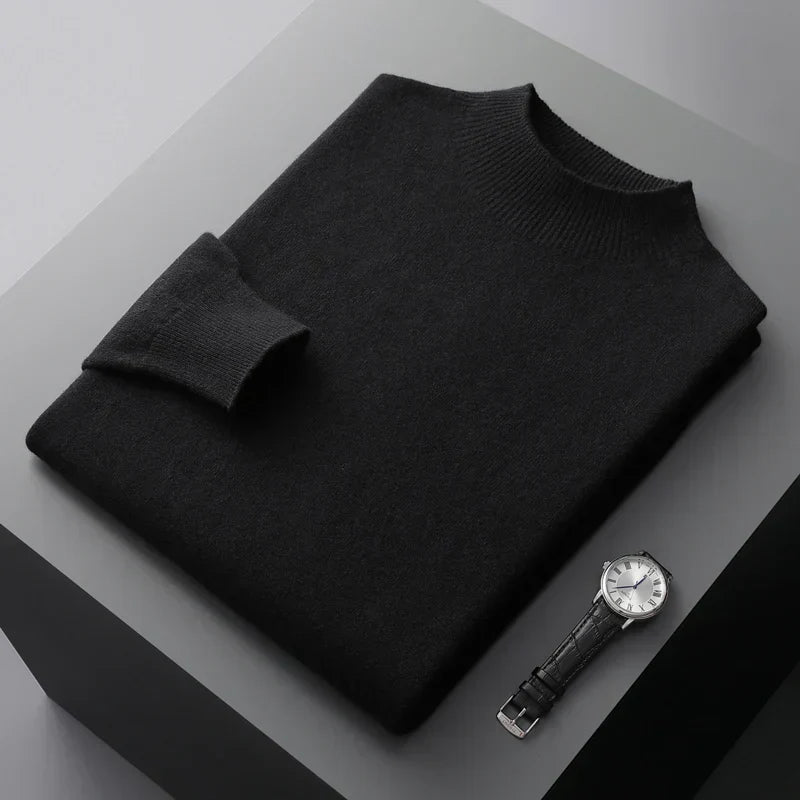 Soft knit men's mock neck sweater, a stylish winter fashion essential.