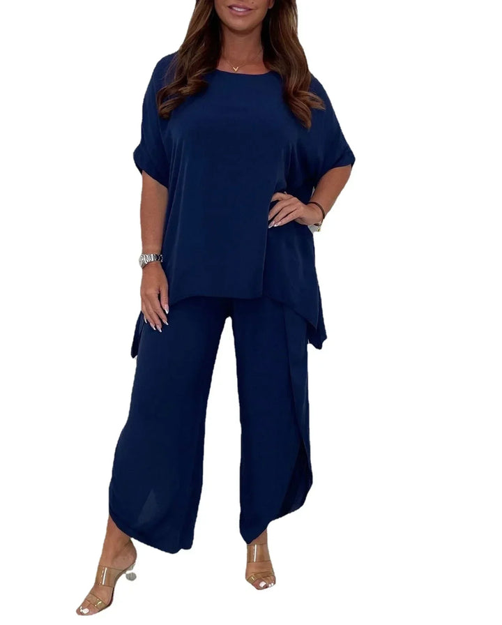 Fashionable women's sleeveless top with matching lightweight pants, a comfortable summer set.