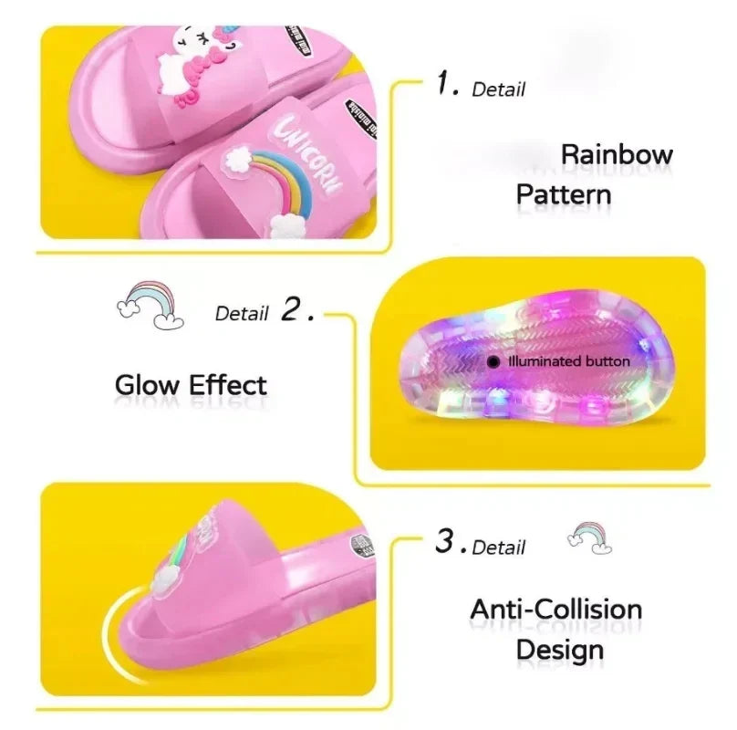 Sparkling light-up unicorn kids' slippers. Magical LED footwear for toddlers & juniors, combining comfort and playful style.