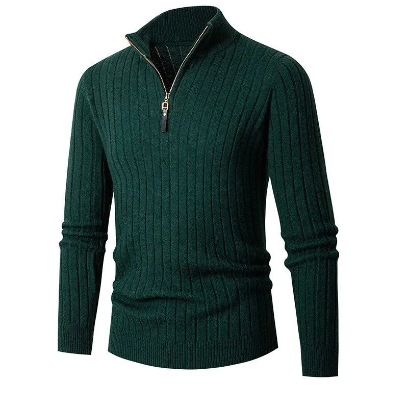 Men's apparel quarter zip sweater, slim fit with stand collar, embodying modern comfort & style.