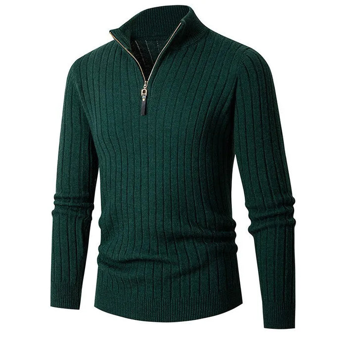 Men's apparel quarter zip sweater, slim fit with stand collar, embodying modern comfort & style.