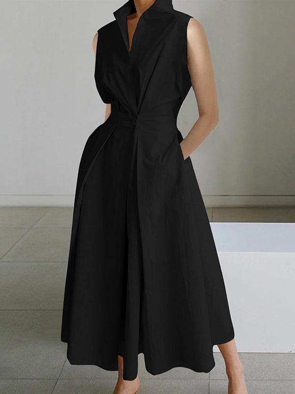 Elegant women's shirt collar maxi dress. Chic urban style, versatile for casual or sophisticated summer looks.