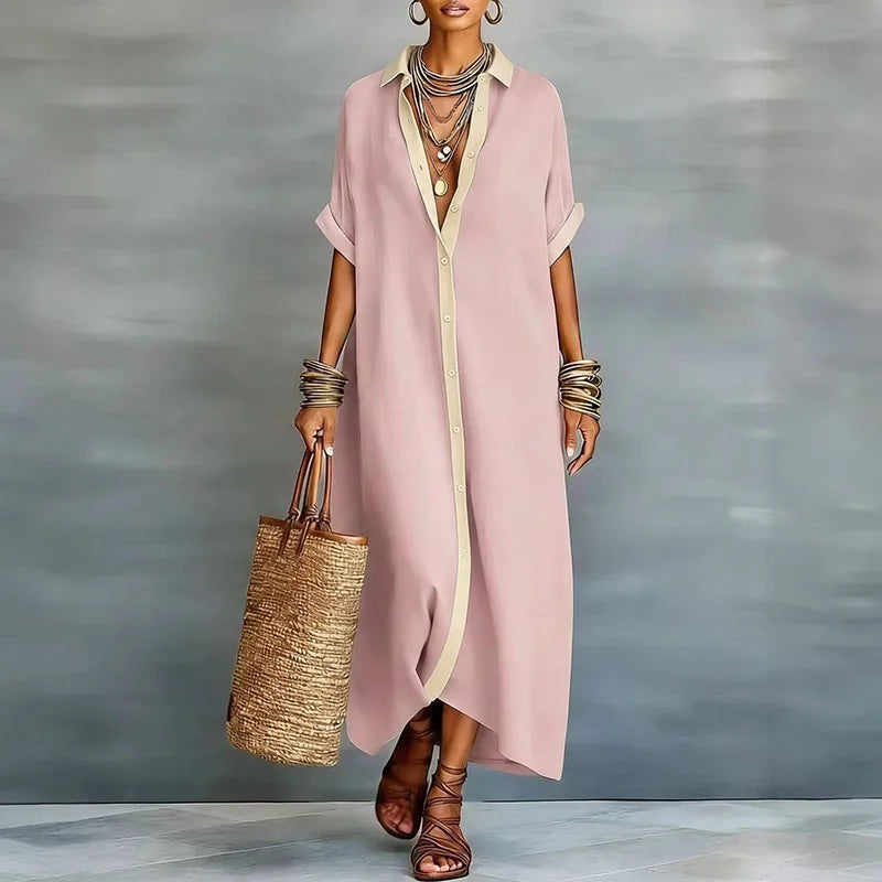 Elegant women's button-down long shirt dress, a versatile collared maxi for summer casual wear.