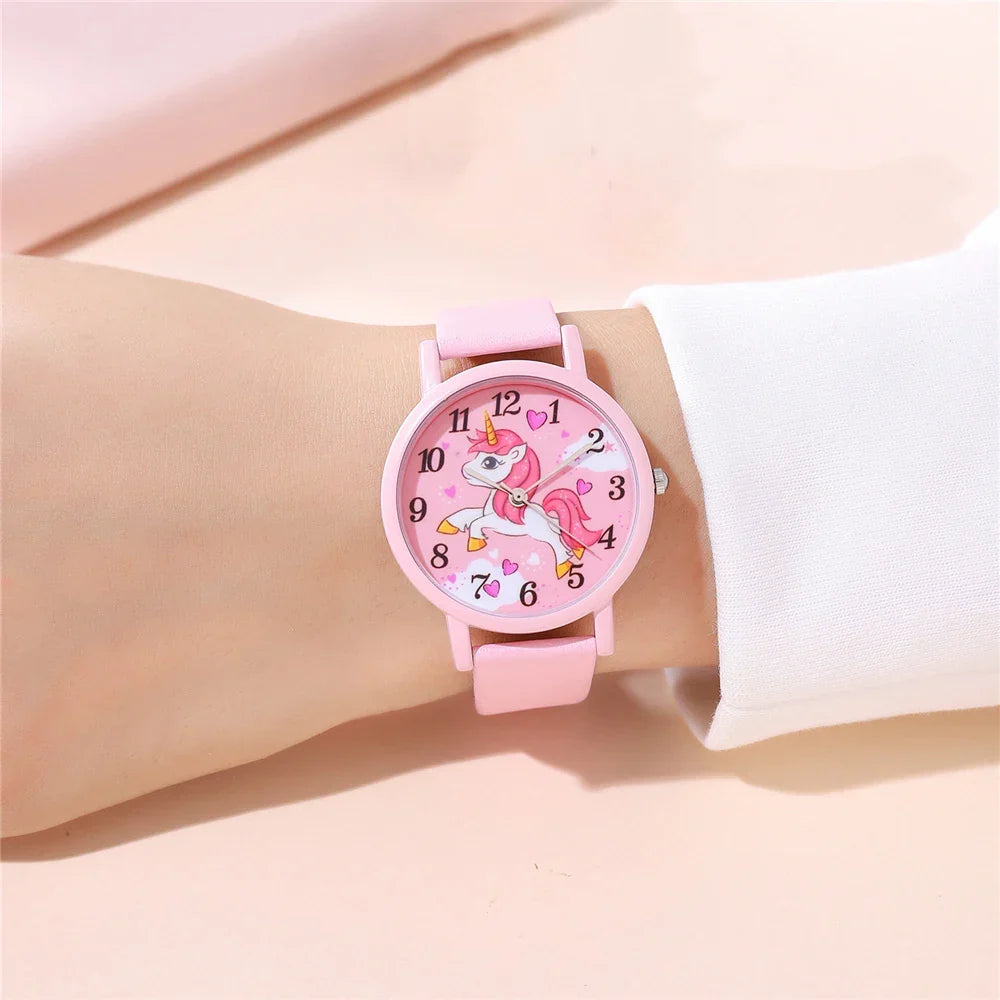 Pink unicorn kids watch, an enchanting gift for children, with a comfortable PU leather band.