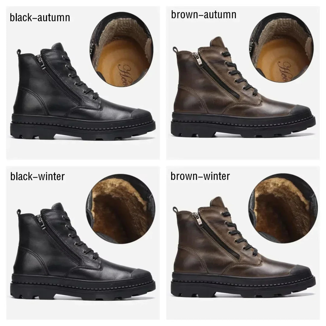 Men's vintage combat boots: durable leather, lace-up front, convenient zip closure, perfect for winter fashion.