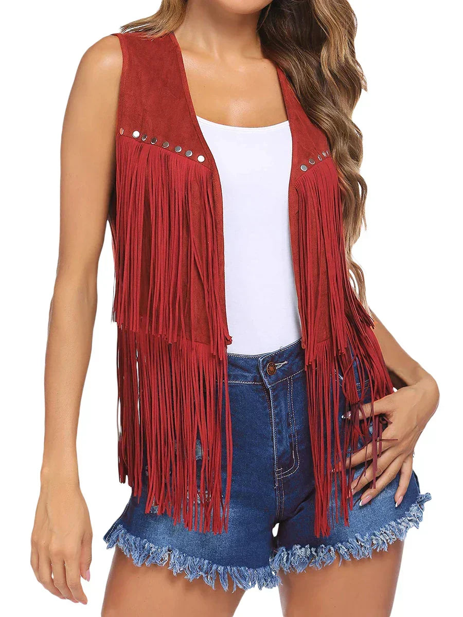 Bohemian style women's fringe vest, sleeveless, open front, perfect for a casual look.