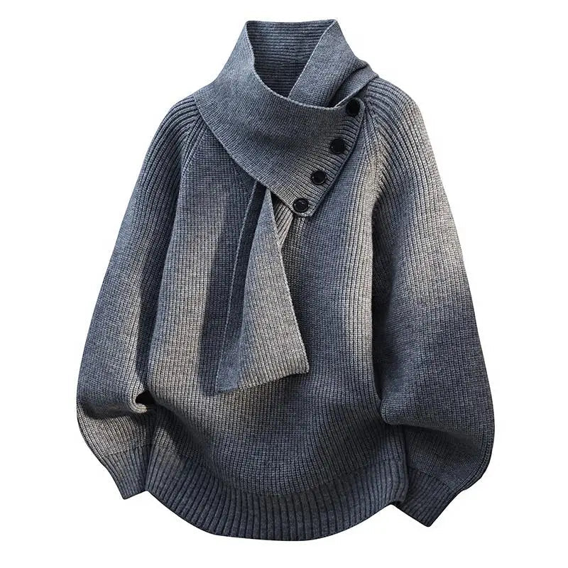Cozy women's long-sleeve sweater featuring an elegant draped scarf neckline, ideal for comfort wear.
