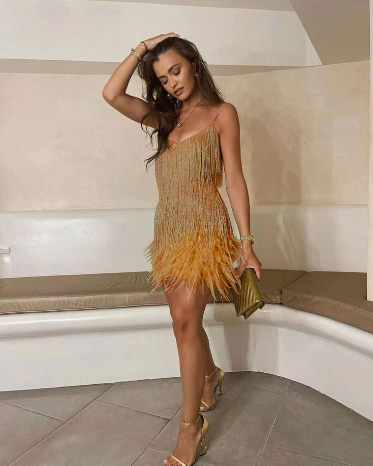 Strappy sequin fringe mini cocktail dress for women, perfect for a glamorous party look.