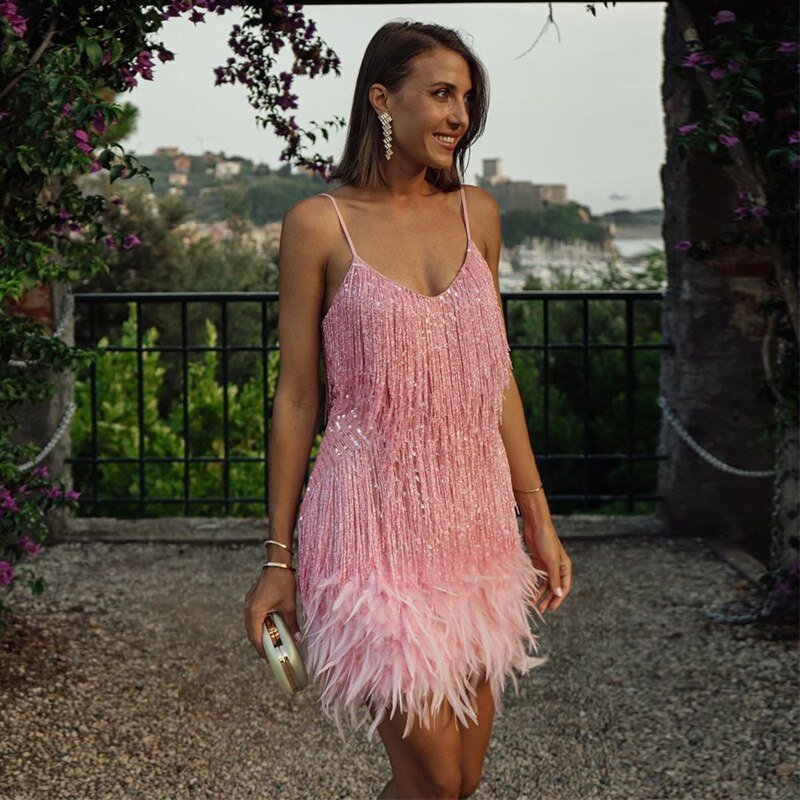 Vibrant sequin fringe mini cocktail dress, designed for women's special occasion parties.