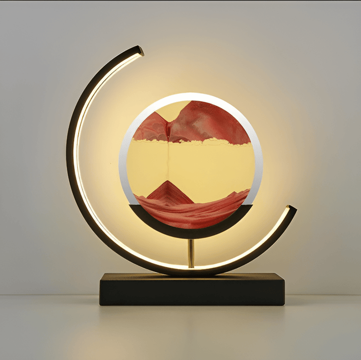 Moving sand art lamp with dimmable LED light, creating a dynamic, relaxing visual display for home decor.