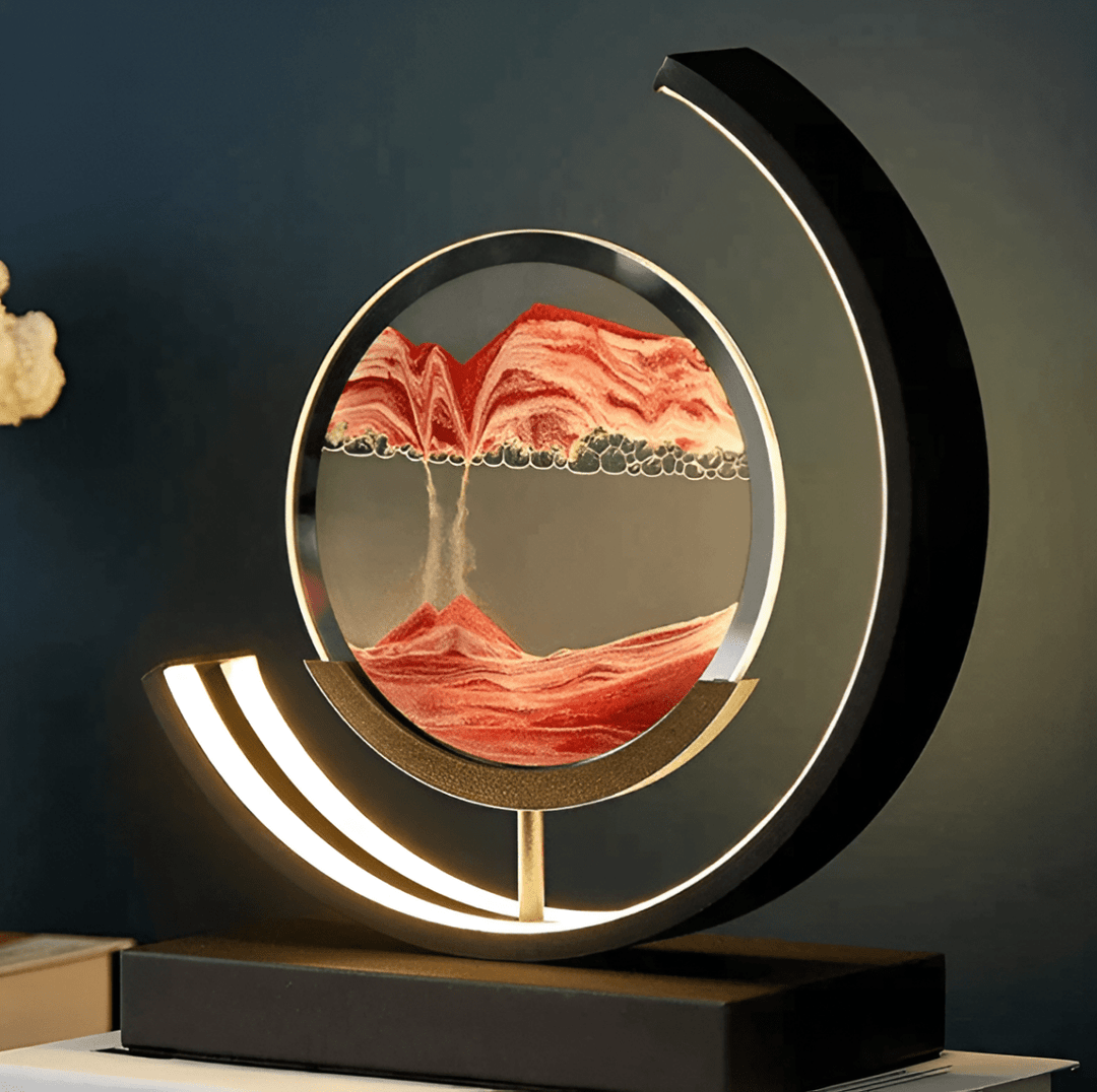 Elegant kinetic sand lamp with dimmable LED lighting, perfect for ambient relaxation and meditation.