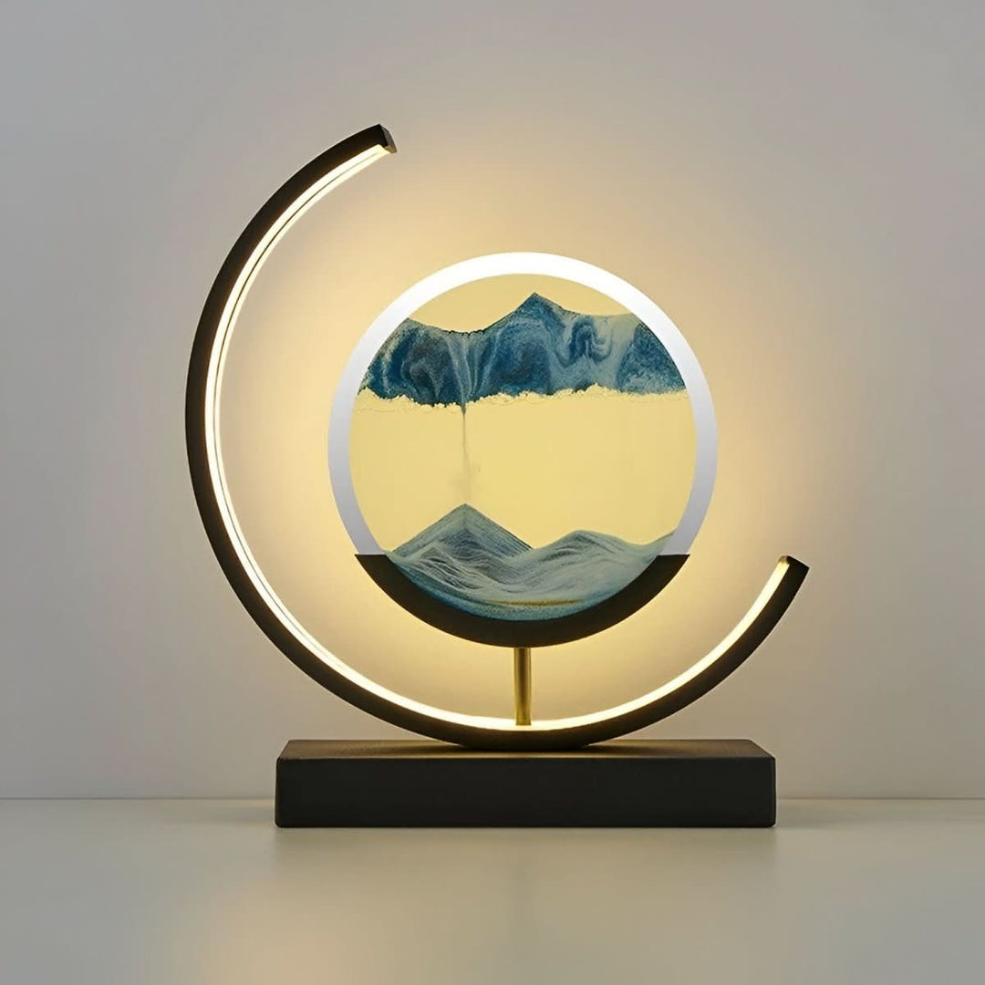 Modern home decor moving sand lamp, app-controlled with dimmable LED for personalized ambient lighting.