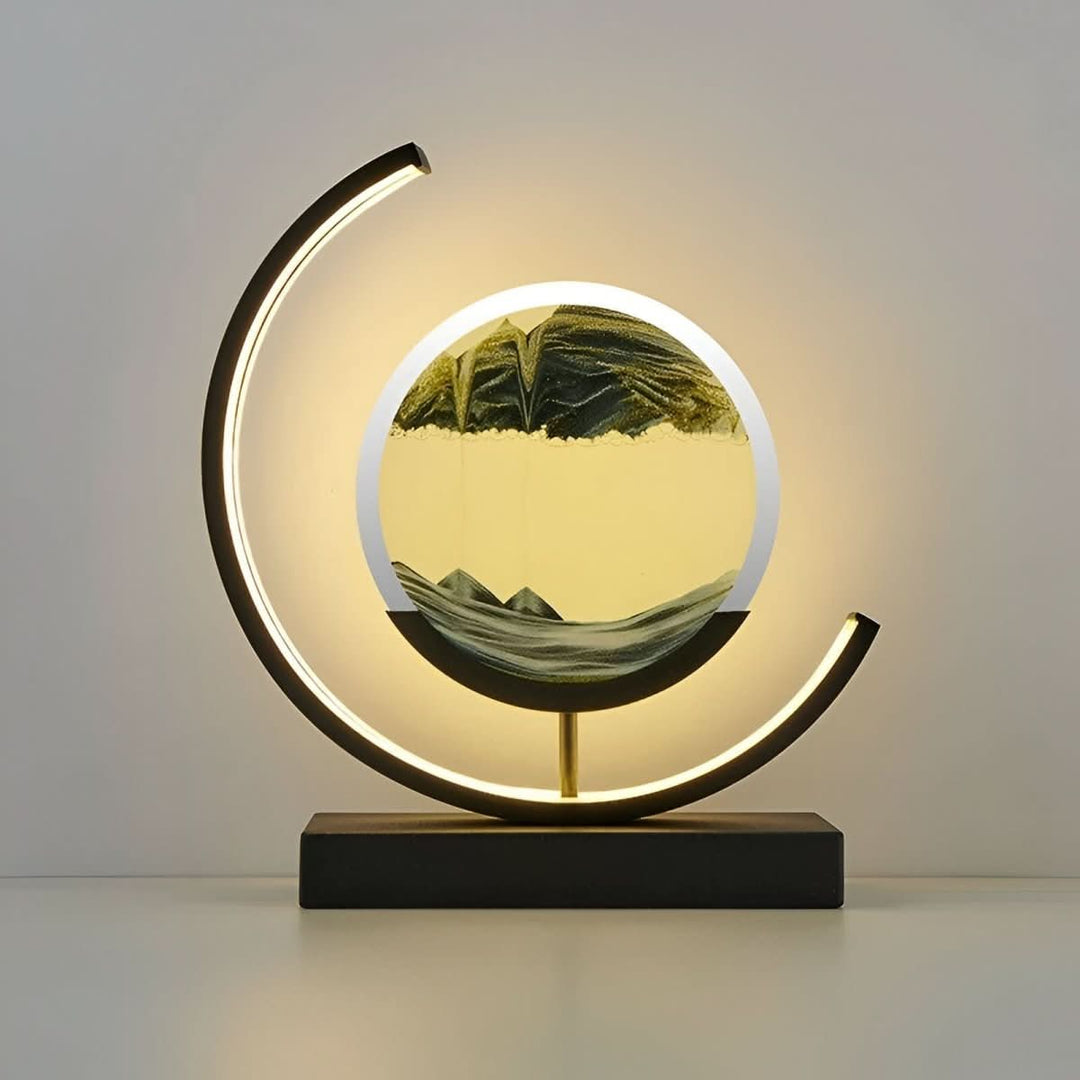 Tranquil moving sand art LED lamp, dimmable, creating a peaceful and decorative focal point for relaxation.