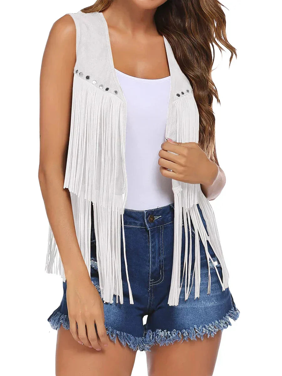 Versatile women's fringe vest, sleeveless, open front, adds chic style to any outfit.