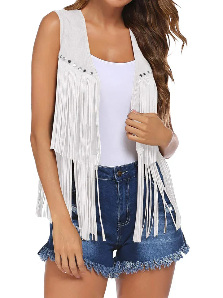 Versatile women's fringe vest, sleeveless, open front, adds chic style to any outfit.