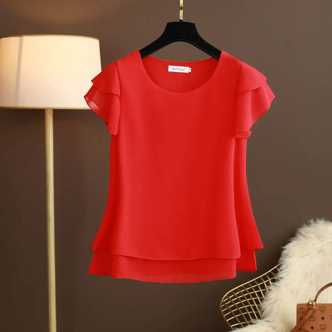 Comfortable women's O-neck short sleeve blouse, an elegant & versatile top for summer style.