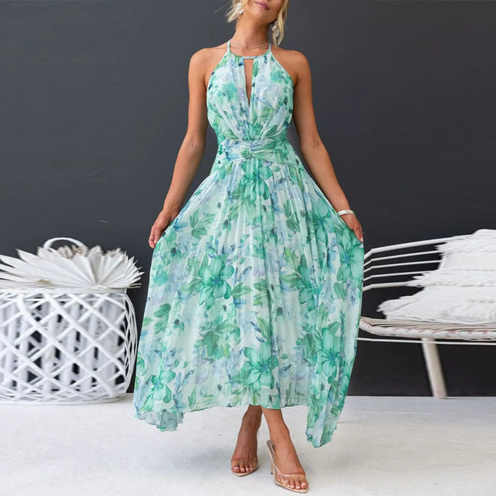 Casual summer women's maxi dress with boho floral print & halterneck. Great for beach vacations & outdoor parties.