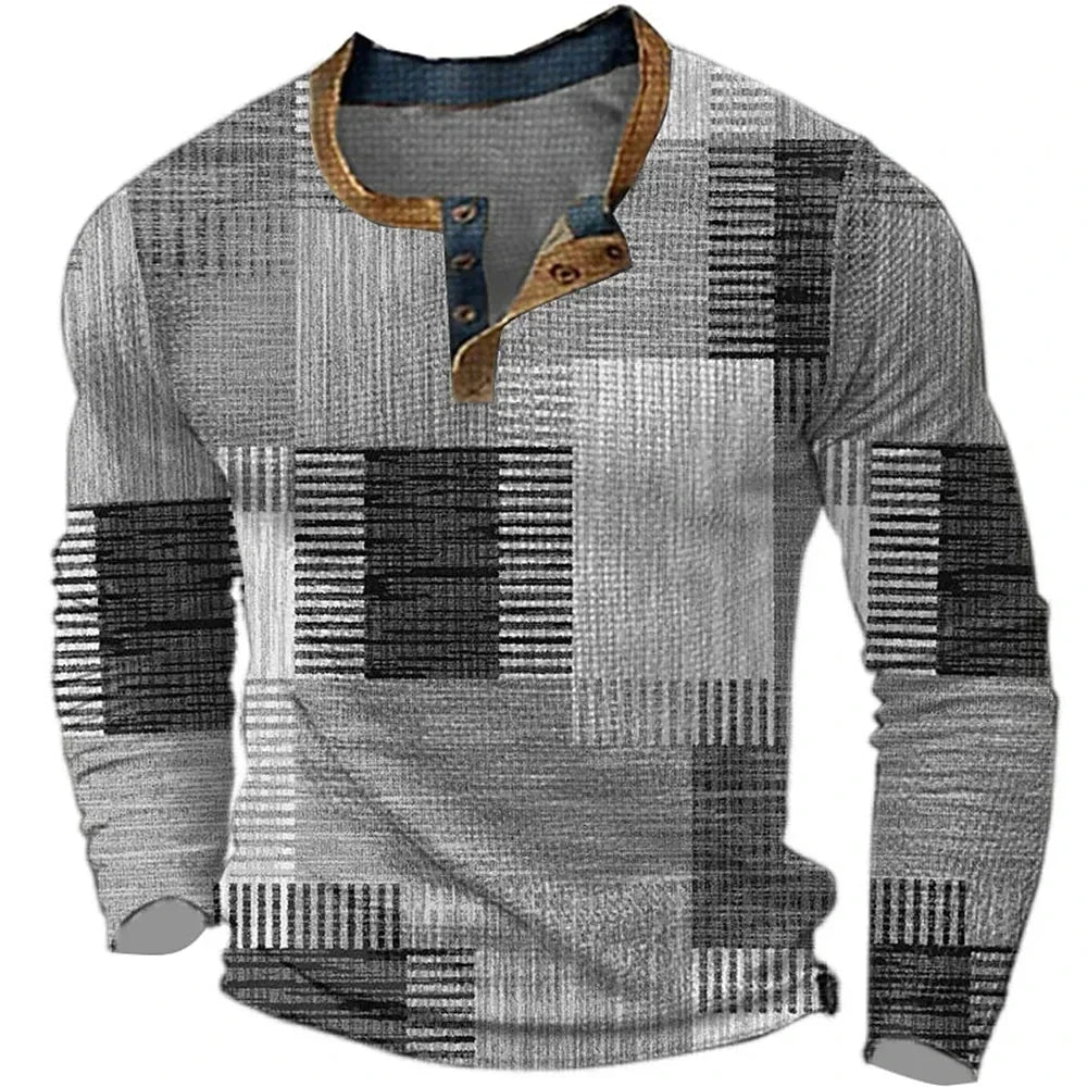 Men's casual colorful patchwork long sleeve button-down shirt. Comfortable & stylish men's fashion for daily wear.