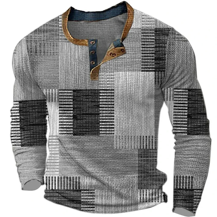 Men's casual colorful patchwork long sleeve button-down shirt. Comfortable & stylish men's fashion for daily wear.