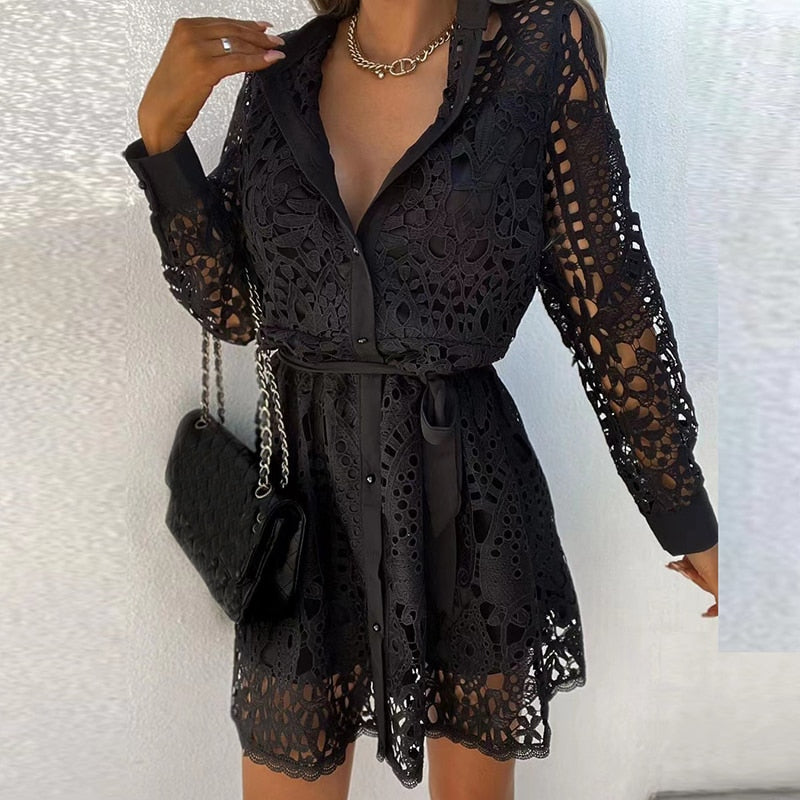 Elegant women's lace shirt dress, long sleeve mini with waist tie. Ideal for cocktail parties, evening wear, or chic summer style.