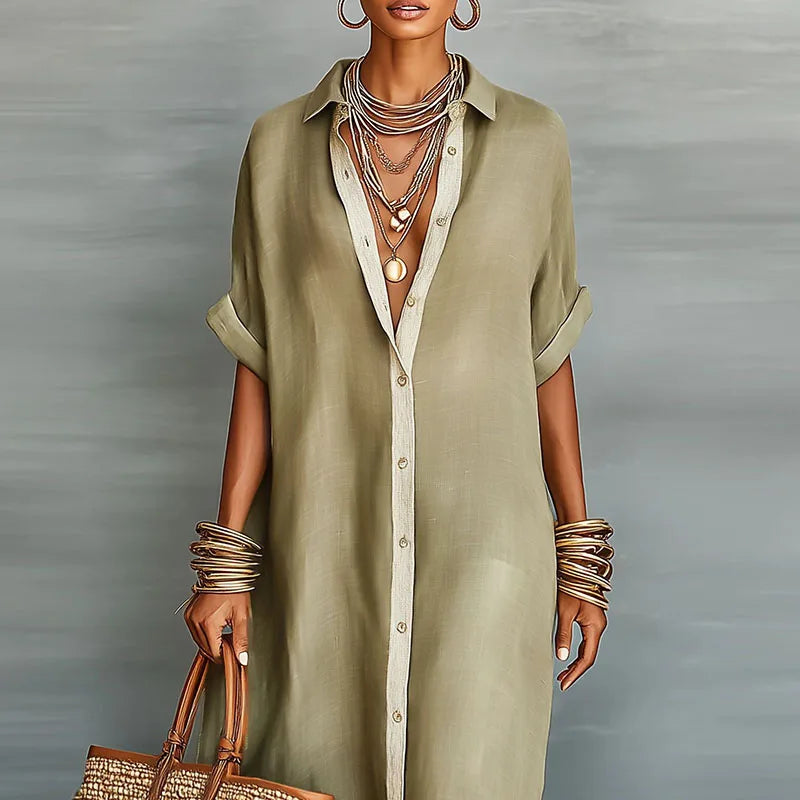 Elegant long button-down shirt dress for women, ideal as a versatile summer or casual maxi dress.