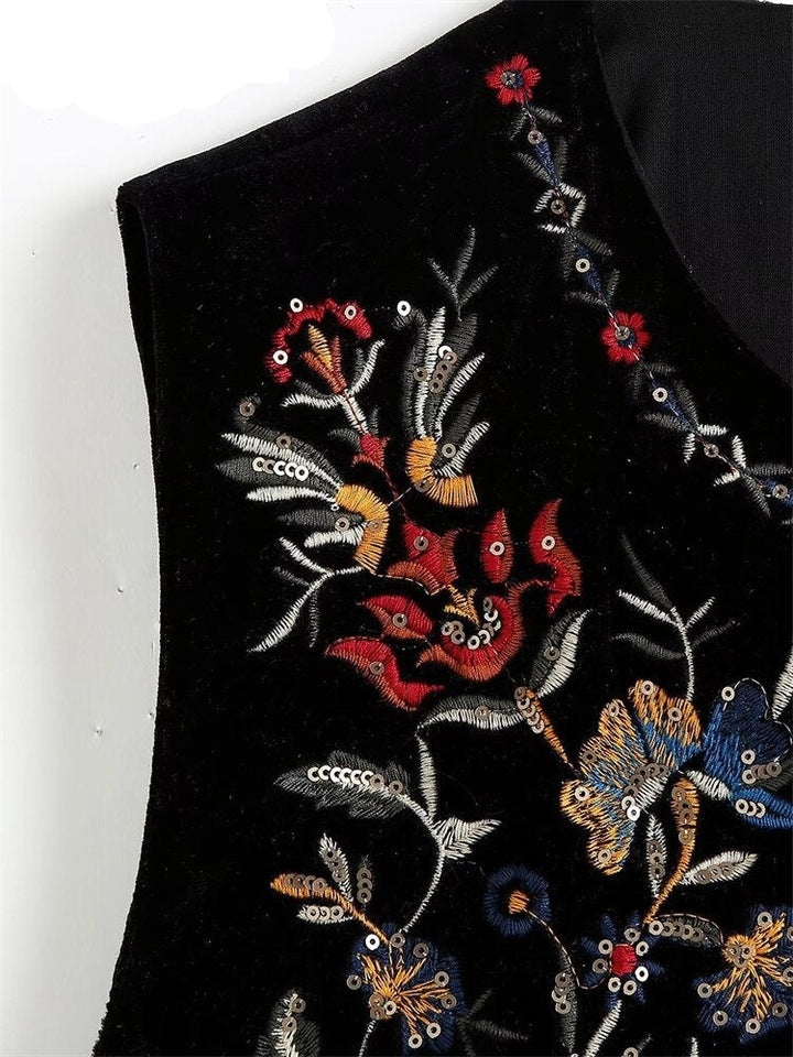 Women's elegant sequin floral patchwork waistcoat, perfect for sophisticated layering and special occasions.