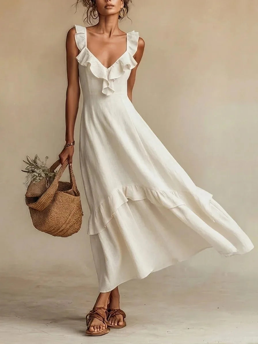 Women's comfortable sleeveless A-line maxi dress with delicate ruffle trim, perfect for summer fashion and travel.