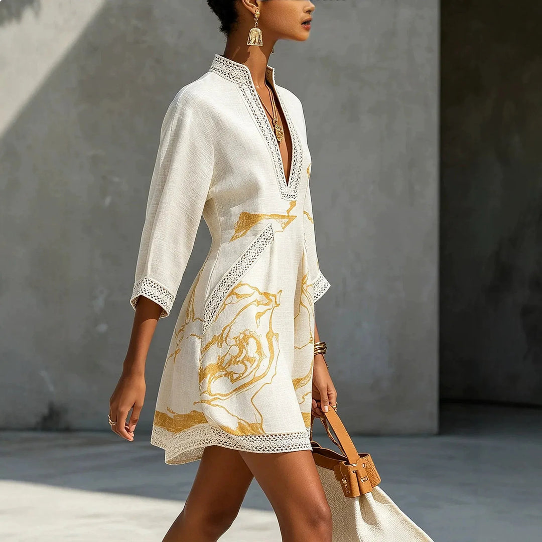 Casual yet elegant V-neck mini dress for women, featuring a flattering fit for summer days.