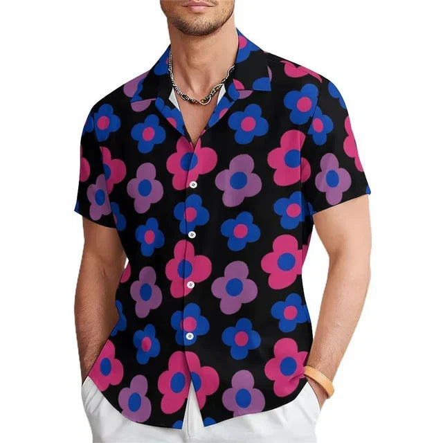 Vibrant men's floral print short sleeve graphic shirt in black, ideal for casual summer style and vacation.