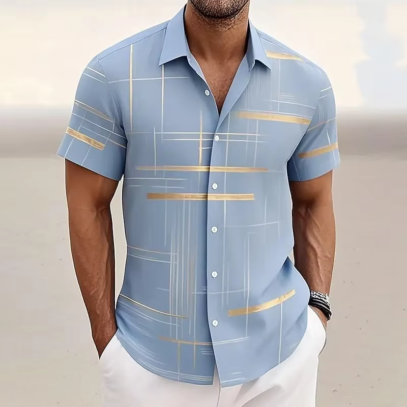 Modern men's patterned short-sleeve button-down shirt, great for versatile summer casual and everyday style.