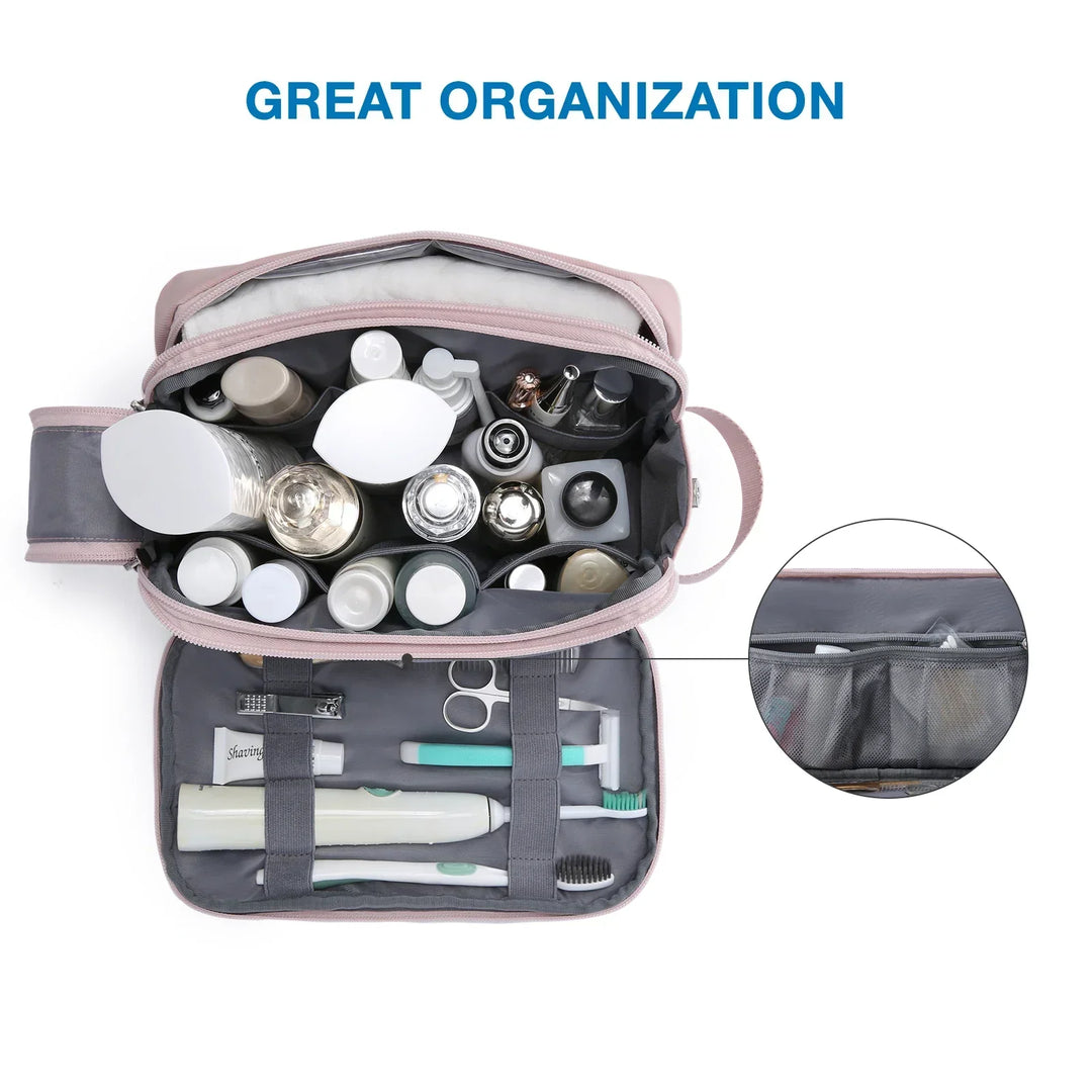 Open unisex travel toiletry bag displaying water-resistant material and multiple mesh pockets for cosmetics.